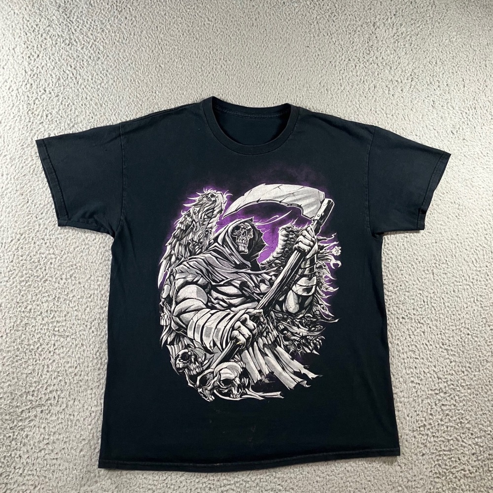 Graphic Y2K Tee Men L Black Grim Reaper Scythe Purple Skulls Gothic Emo Skater